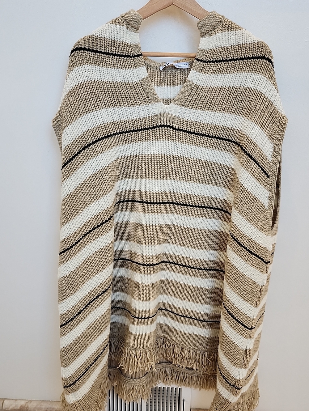 Zara Striped V-Neck Fringe Oversized Poncho
